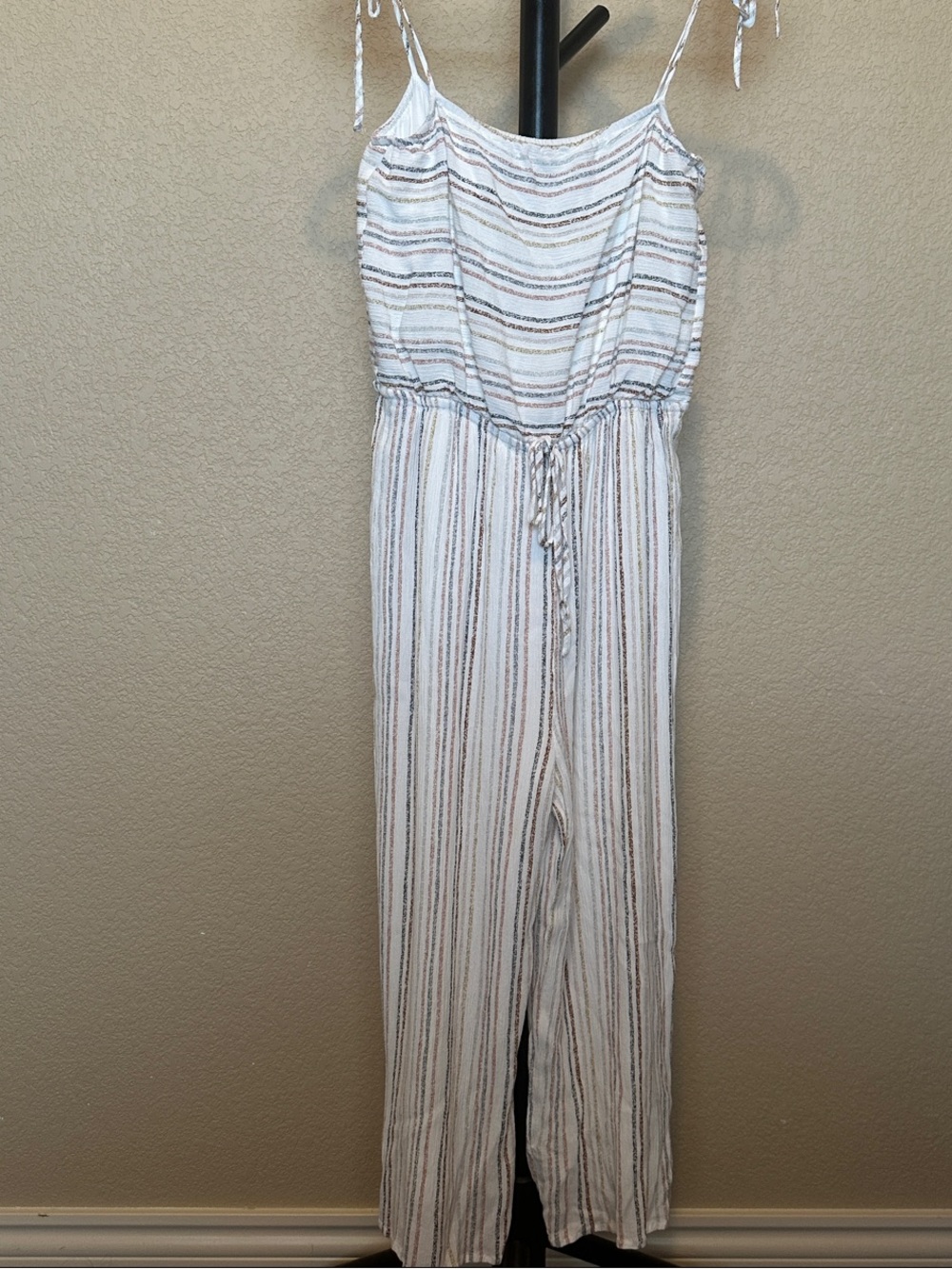 Paper Crane White Striped Tie-Shoulder Jumpsuit